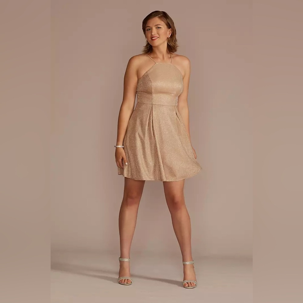 Jules & Cleo Glitter Gold High Neck Short A-Line Dress Size 10 Fit & Flare Mini